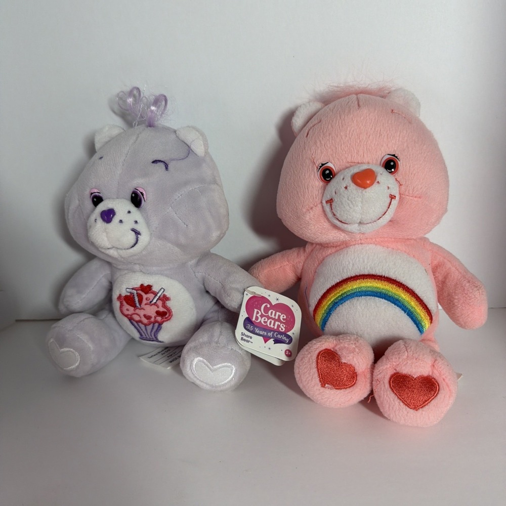 Lot Of 2 Care Bear 2002 Pink Cheer Bear 2012 Purple Share Collection Plush